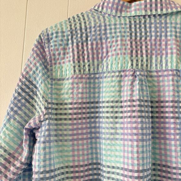 LL Bean Vacationland Seersucker Pastel Gingham Plaid Button Up Shirt Size Large - Picture 4 of 13